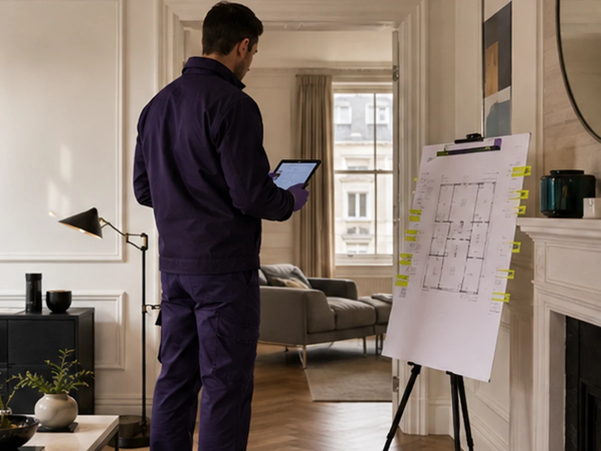 London pest-control surveyor documenting a room-zone evidence map