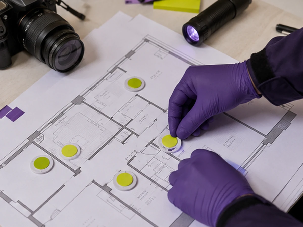 Surveyor placing numbered evidence points on a London property floor plan